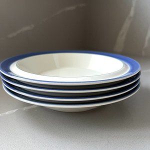 Arabia Finland Balladi Set of 4 Bowls Soup Cereal Blue Rim Green White